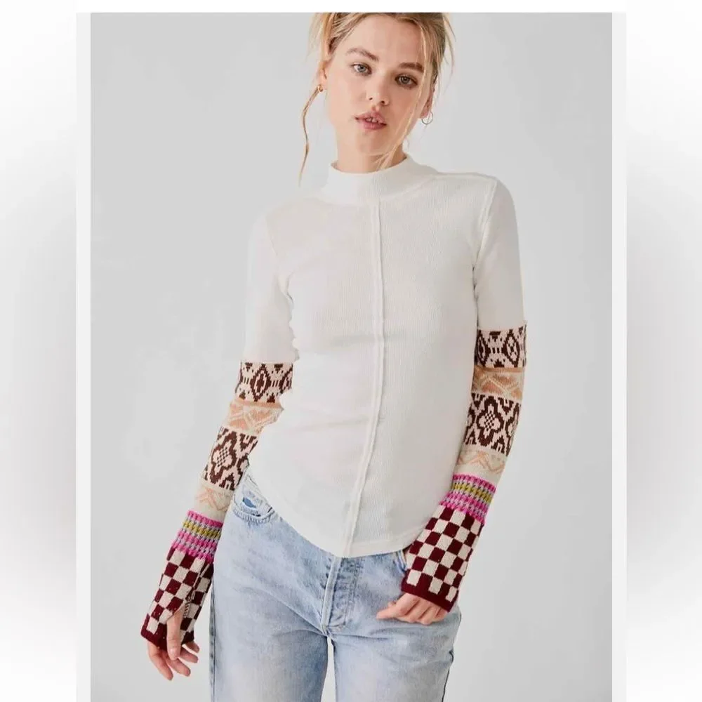 We The Free Free People Gorgeous Thermal Cuff Mock Slim Top, Ivory size XS